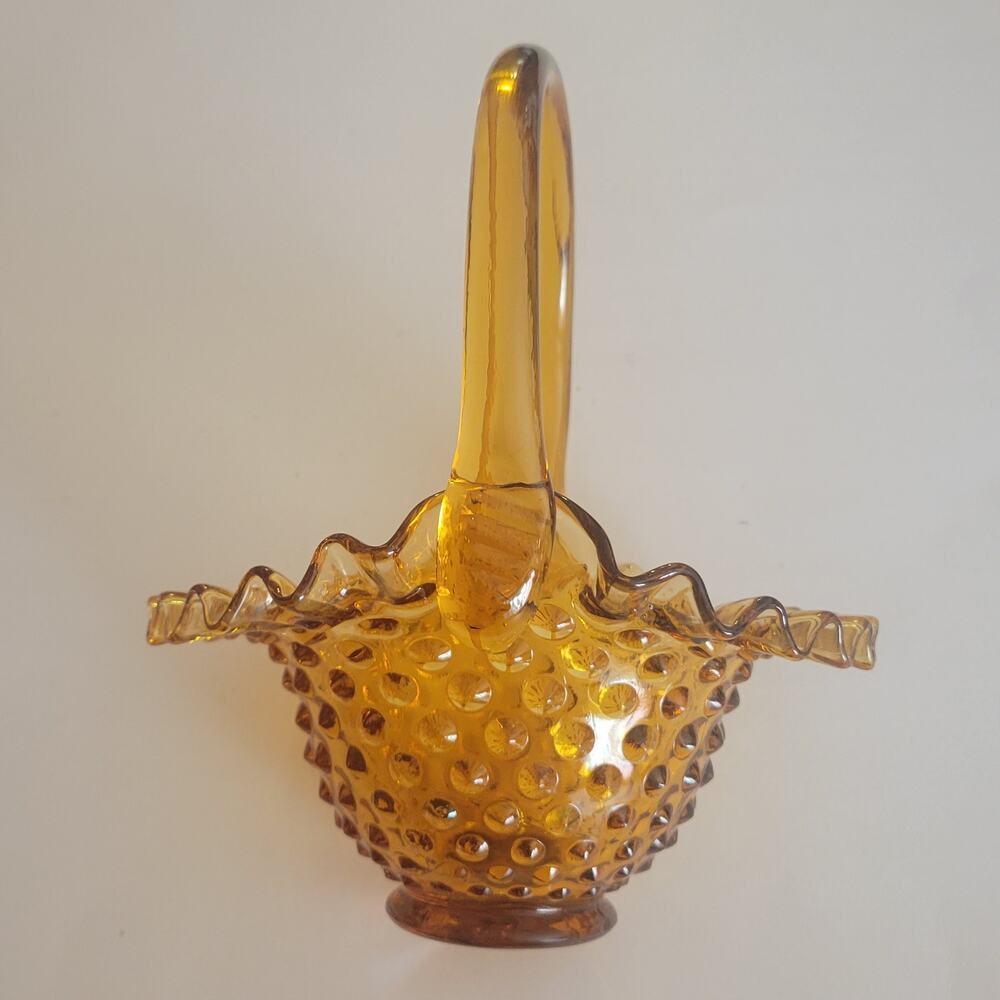 Vintage Fenton Amber Glass Colonial Hobnail Ruffled Handled Basket Candy Dish